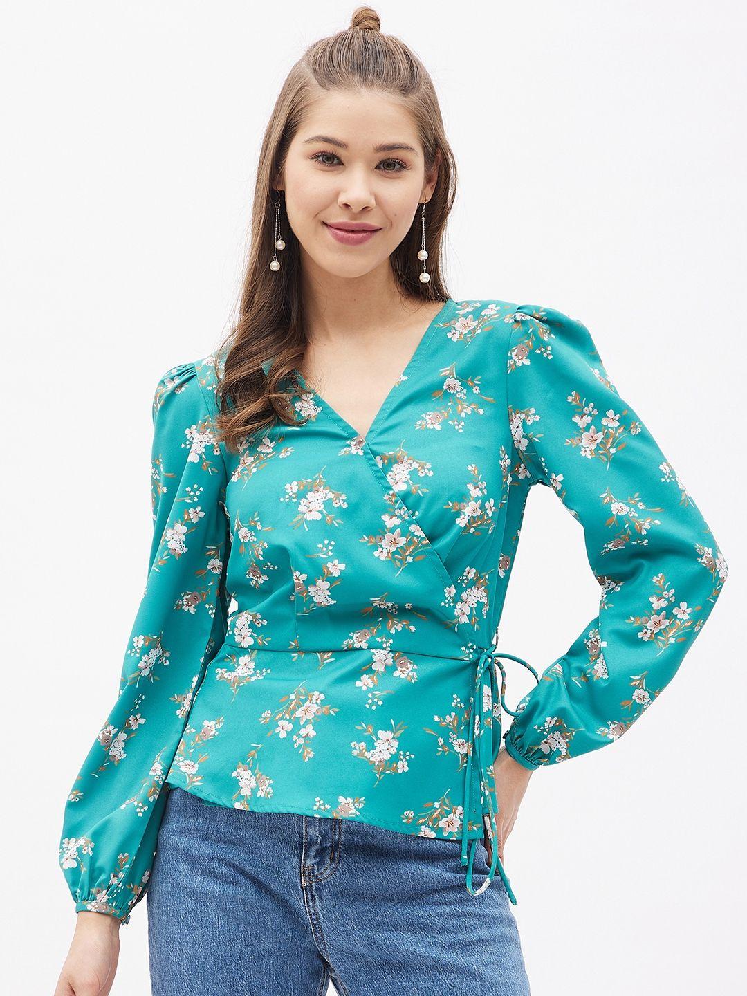 harpa sea green & white floral print wrap top