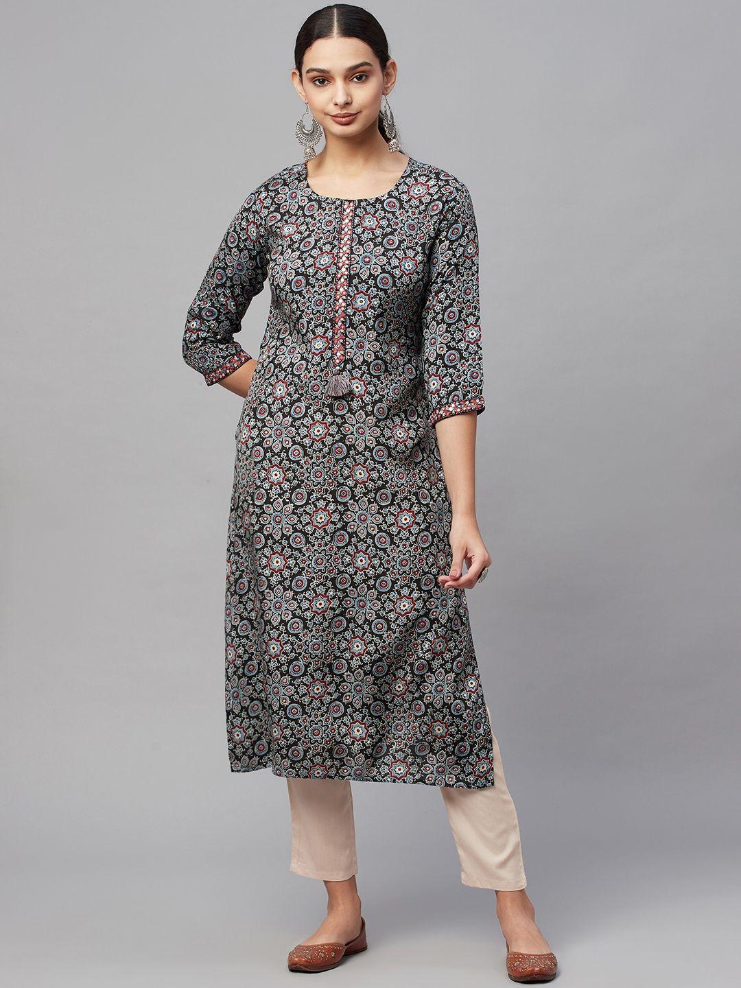 amiras indian ethnic wear women black ethnic motifs printed mirror work kurta with trousers