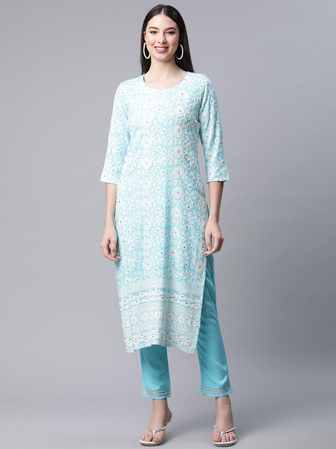 amiras indian ethnic wear women blue floral embroidered thread work kurta with trousers