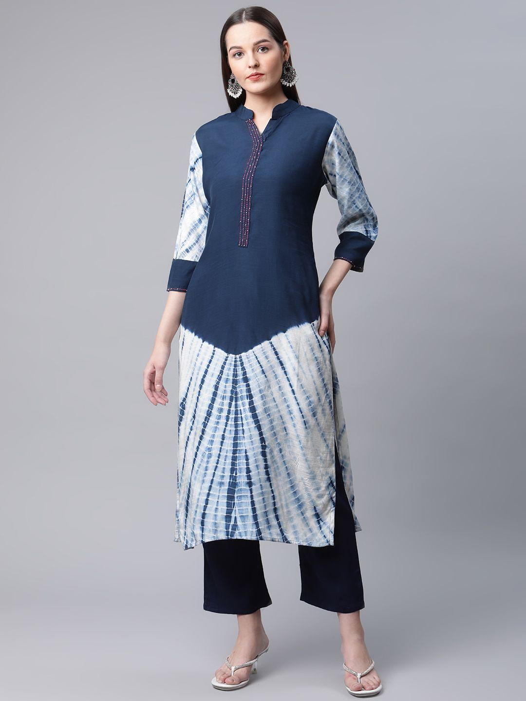 amiras indian ethnic wear women navy blue colourblocked kurta with trousers