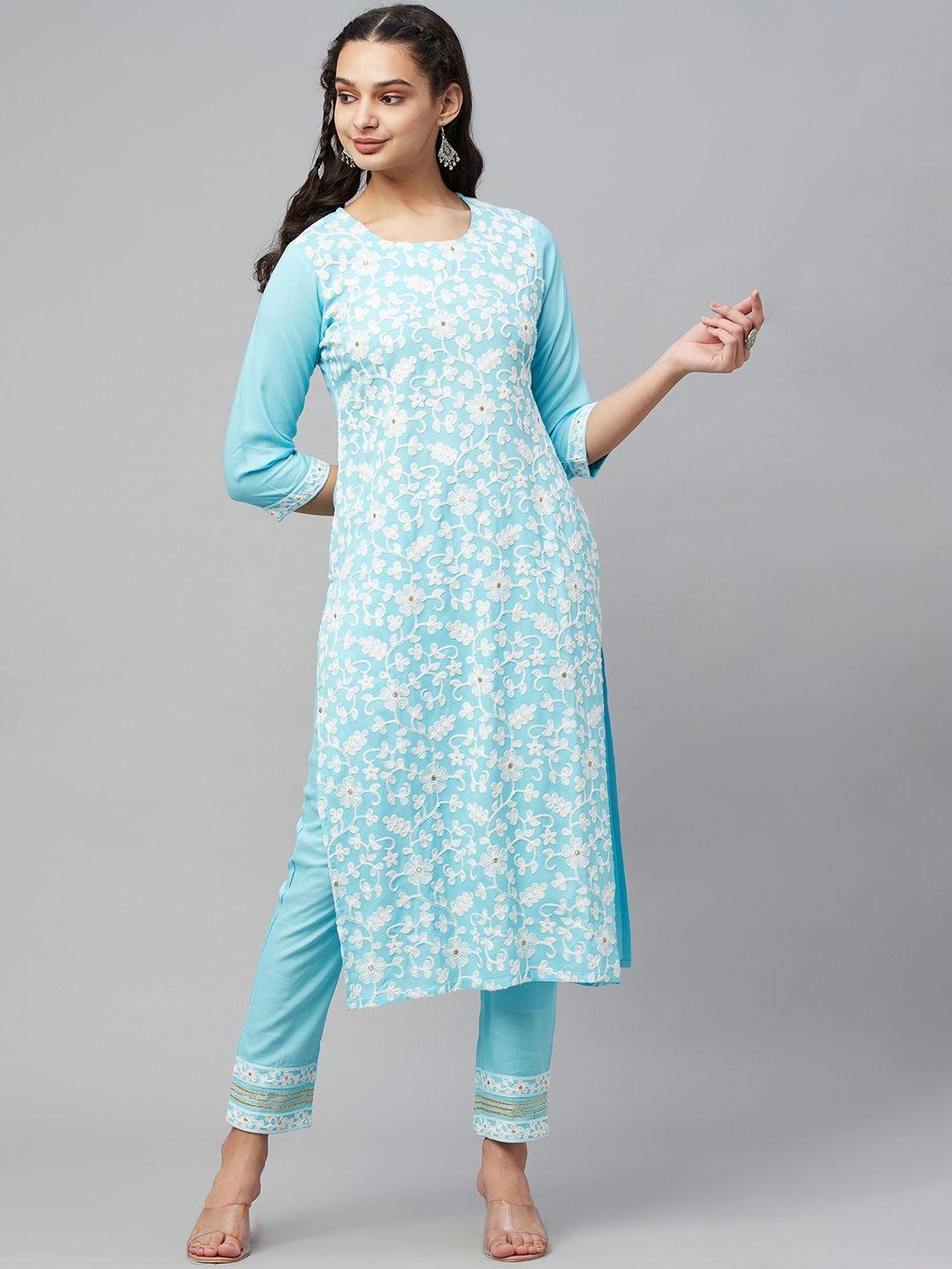 amiras indian ethnic wear women turquoise blue ethnic motifs embroidered kurta with trousers