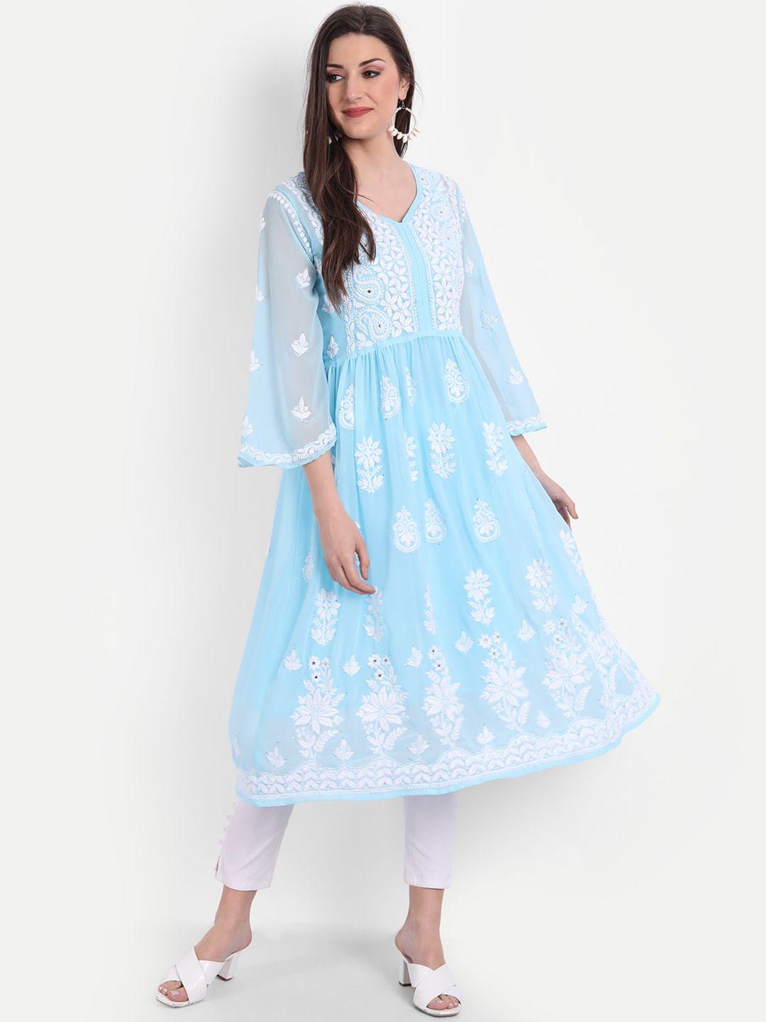 indiankala4u women blue & white ethnic motifs embroidered flared sleeves chikankari georgette anarkali kurta