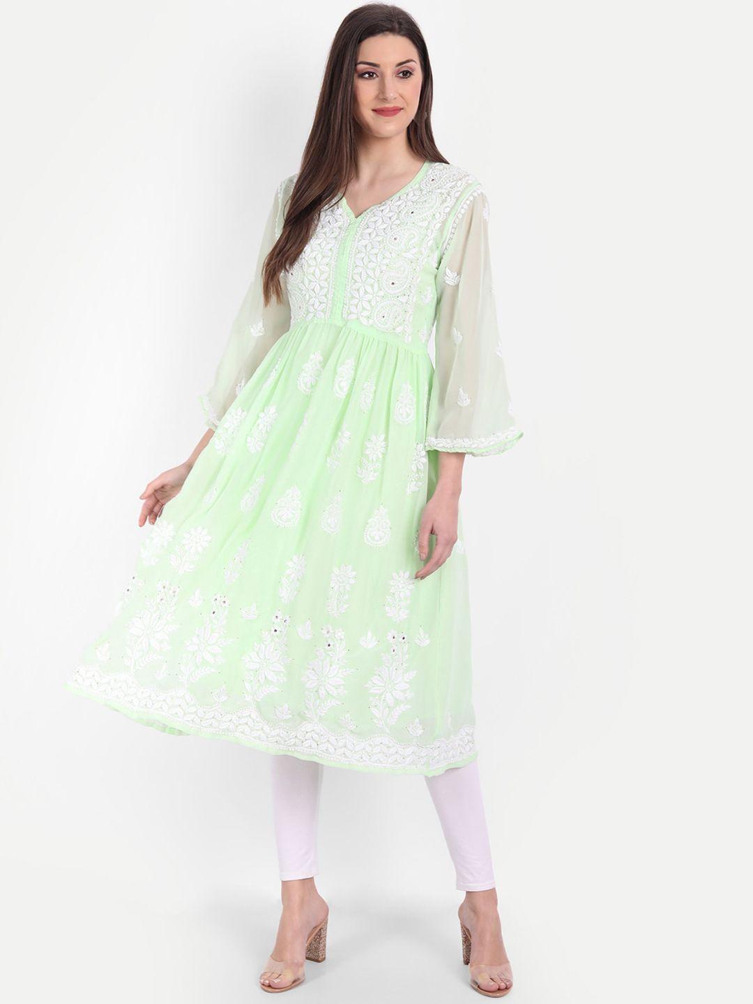 indiankala4u women green chikankari embroidered georgette mukaish work kurta