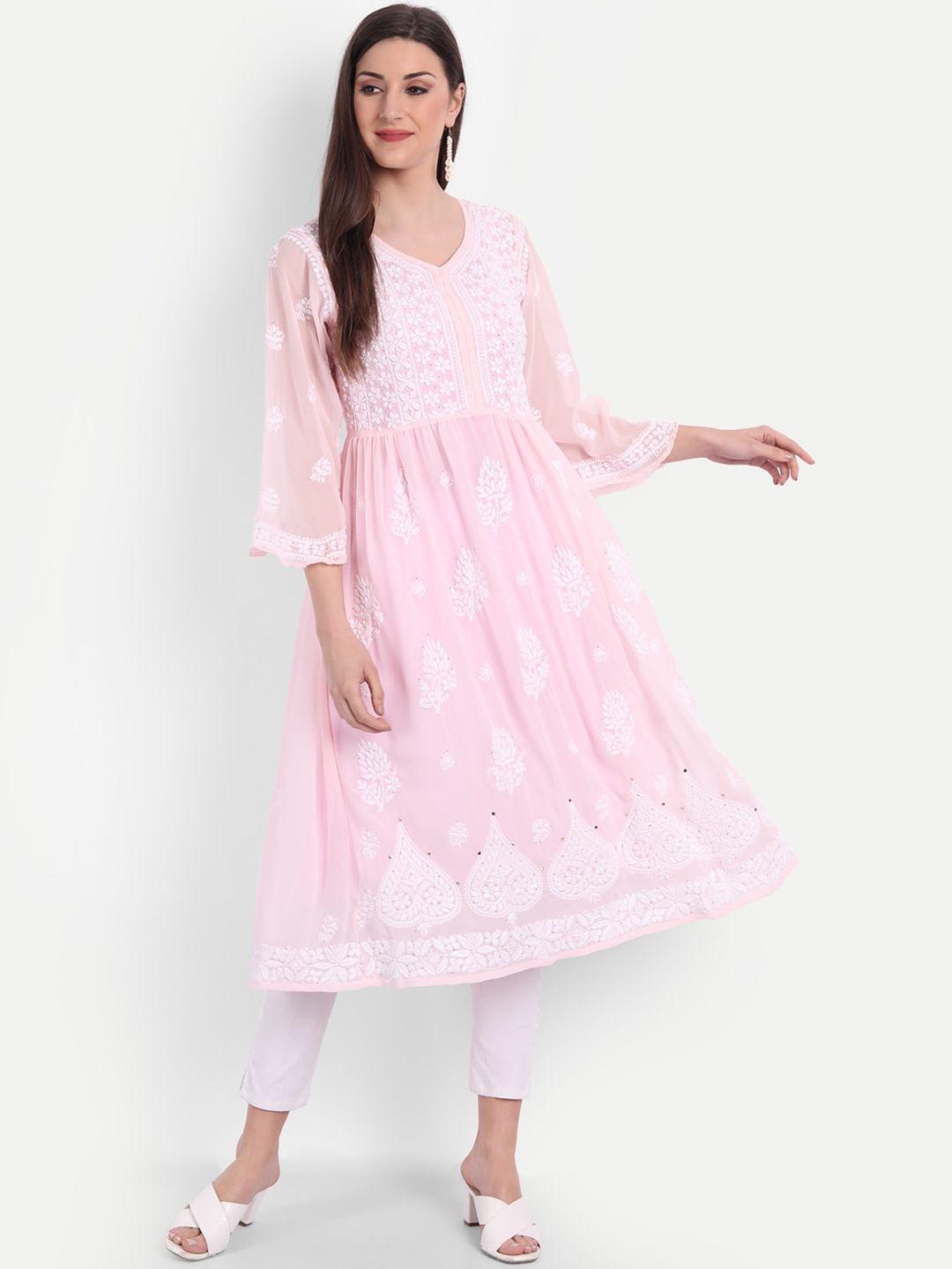 indiankala4u women pink ethnic motifs embroidered chikankari georgette anarkali kurta