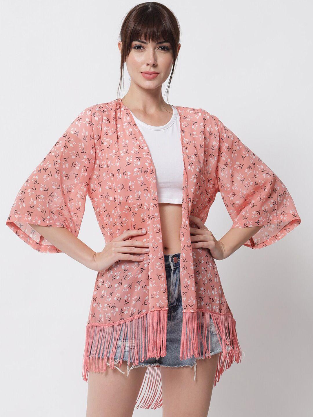 purys women pink & white floral printed tasselled high-low longline shrug