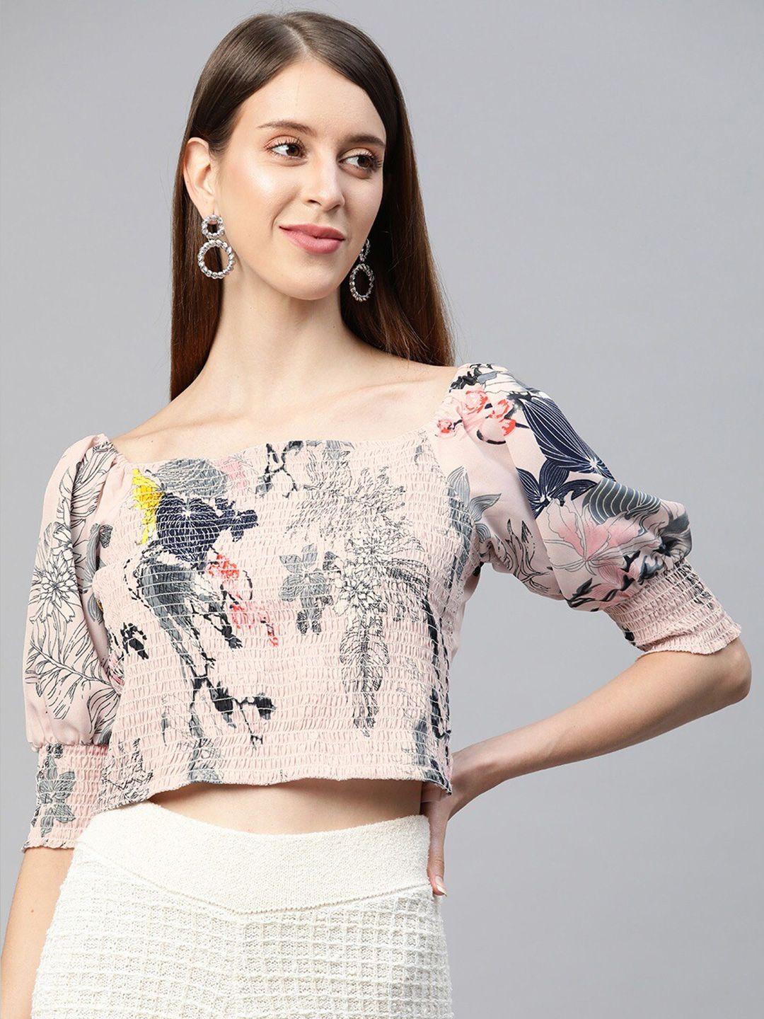 sirikit beige floral print smocked crepe crop top