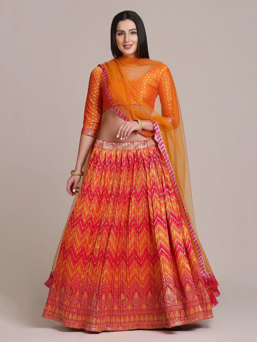 warthy ent orange & gold-toned semi-stitched lehenga choli with dupatta