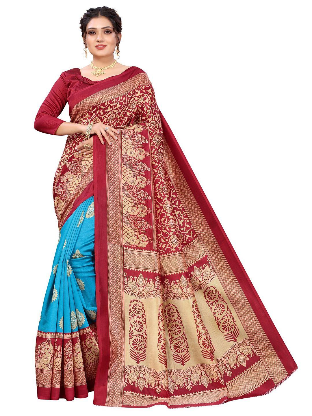 yashika teal blue & red ethnic motifs art silk saree