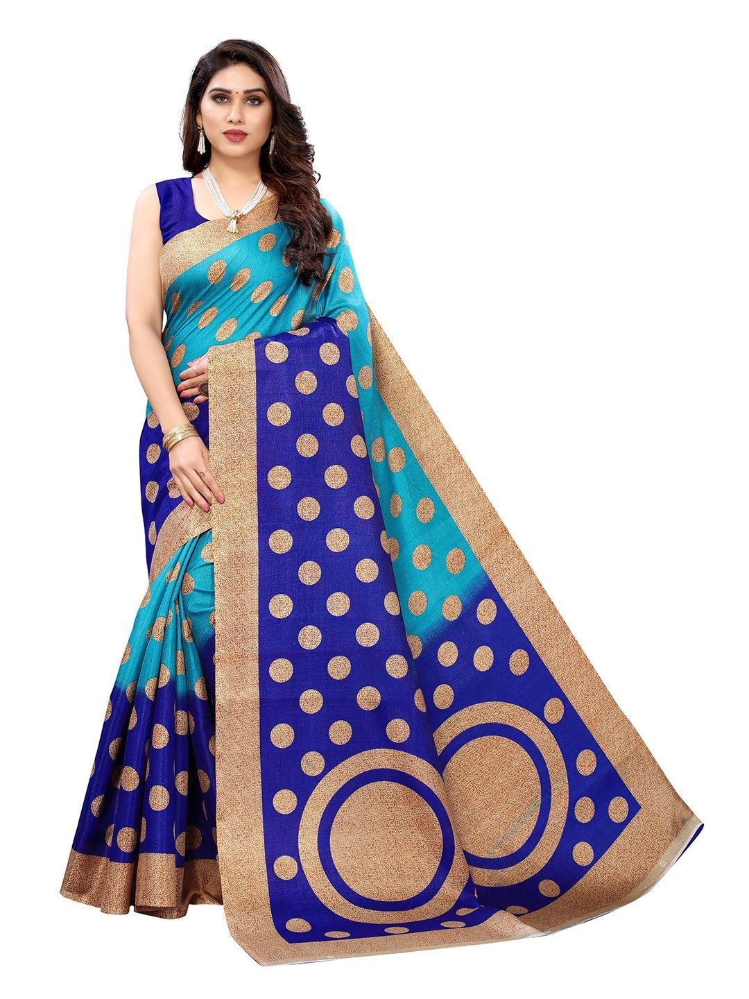 yashika blue & golden printed art silk saree