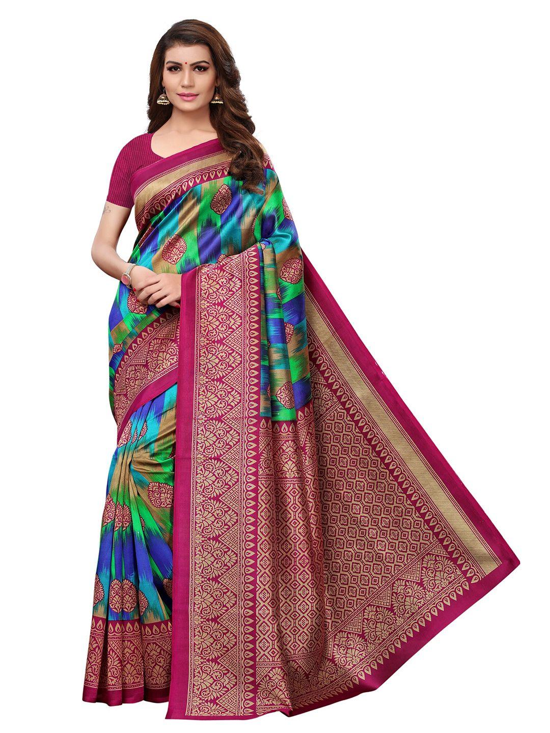 yashika green & blue printed art silk saree