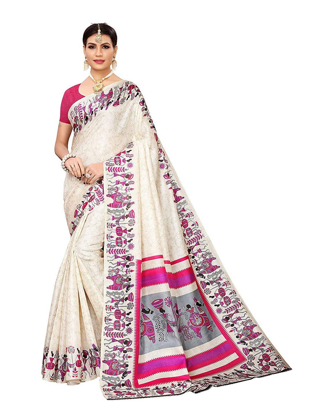 yashika pink & white ethnic motifs art silk saree