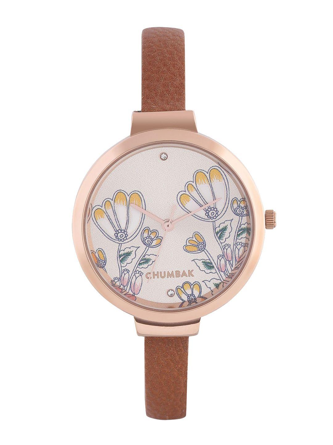 chumbak women rose gold-toned brass printed dial & brown leather straps analogue watch