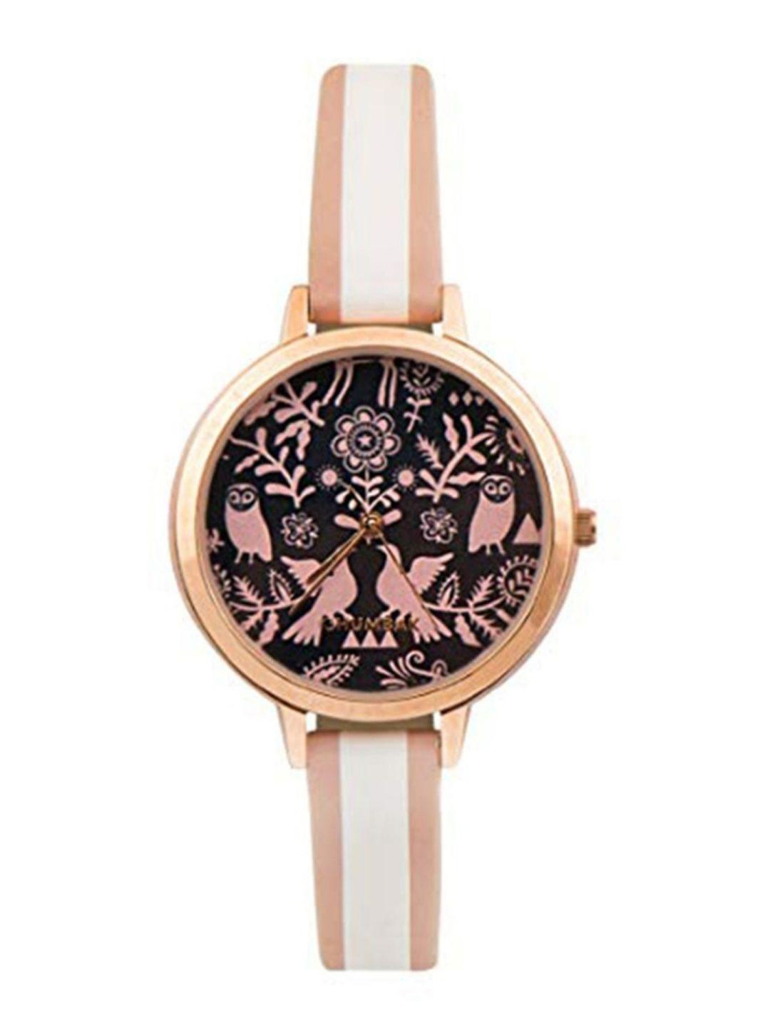 chumbak women black brass printed dial & white leather bracelet style straps analogue watch