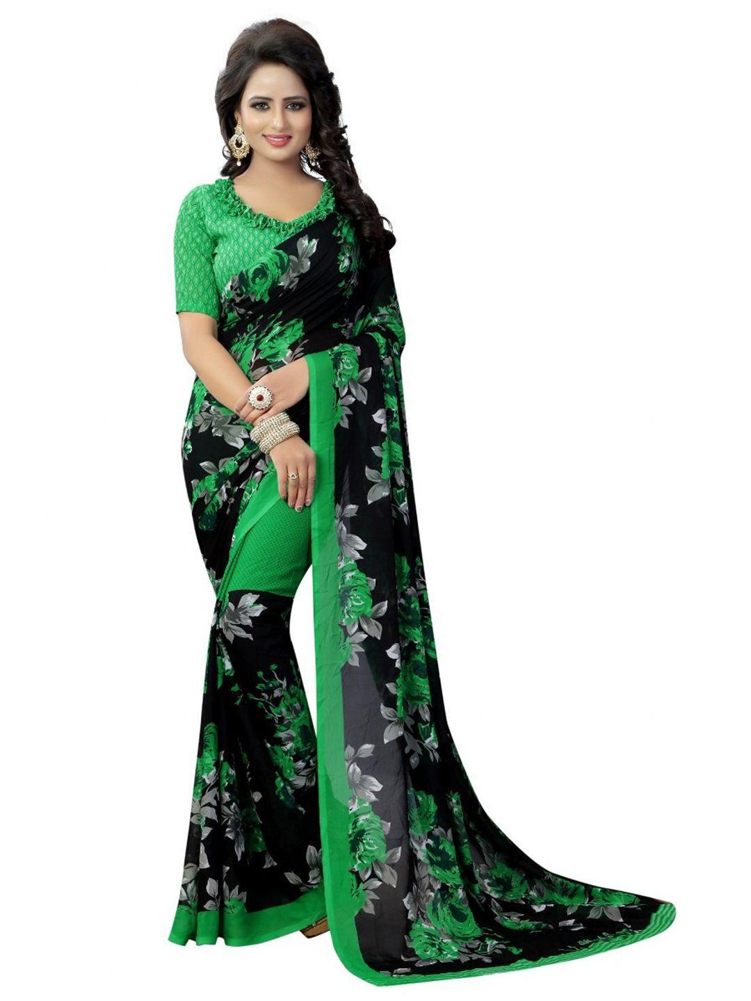 yashika green & black floral zari georgette saree