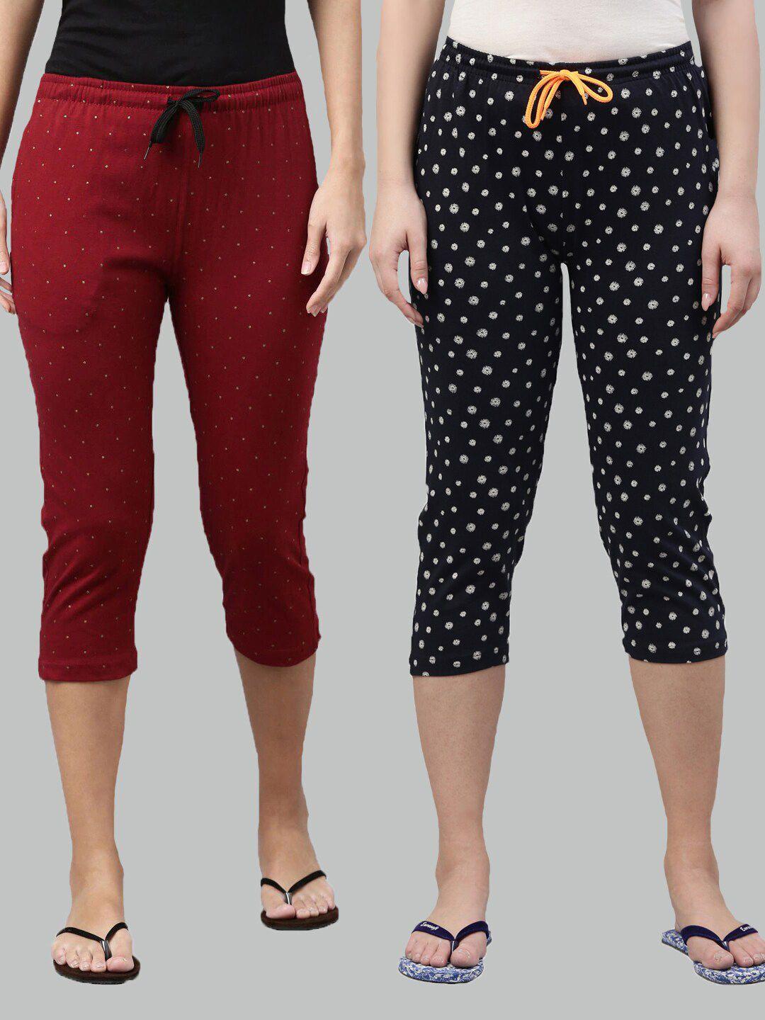 kryptic women maroon & navy blue pack of 2 printed lounge capris