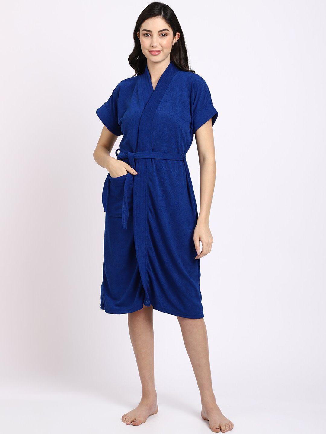 elevanto women blue solid bath robe with belt