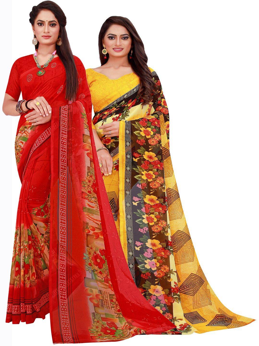 florence yellow & red pack of 2 floral printed pure georgette saree