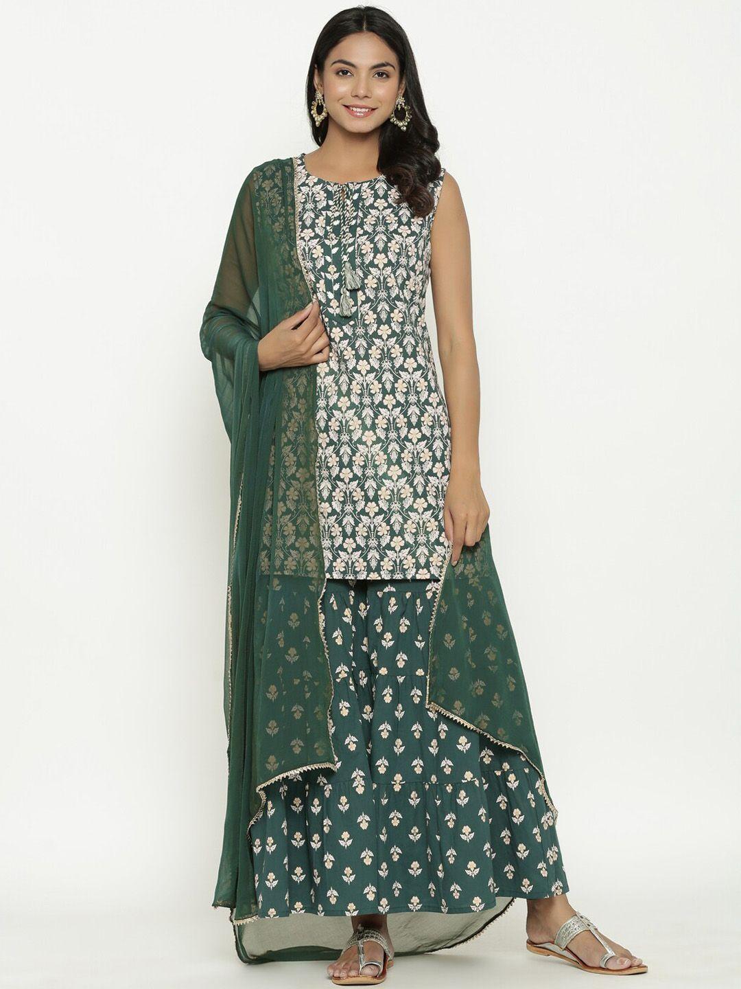 do dhaage women green ethnic motifs printed panelled thread work pure cotton kurti with palazzos & with