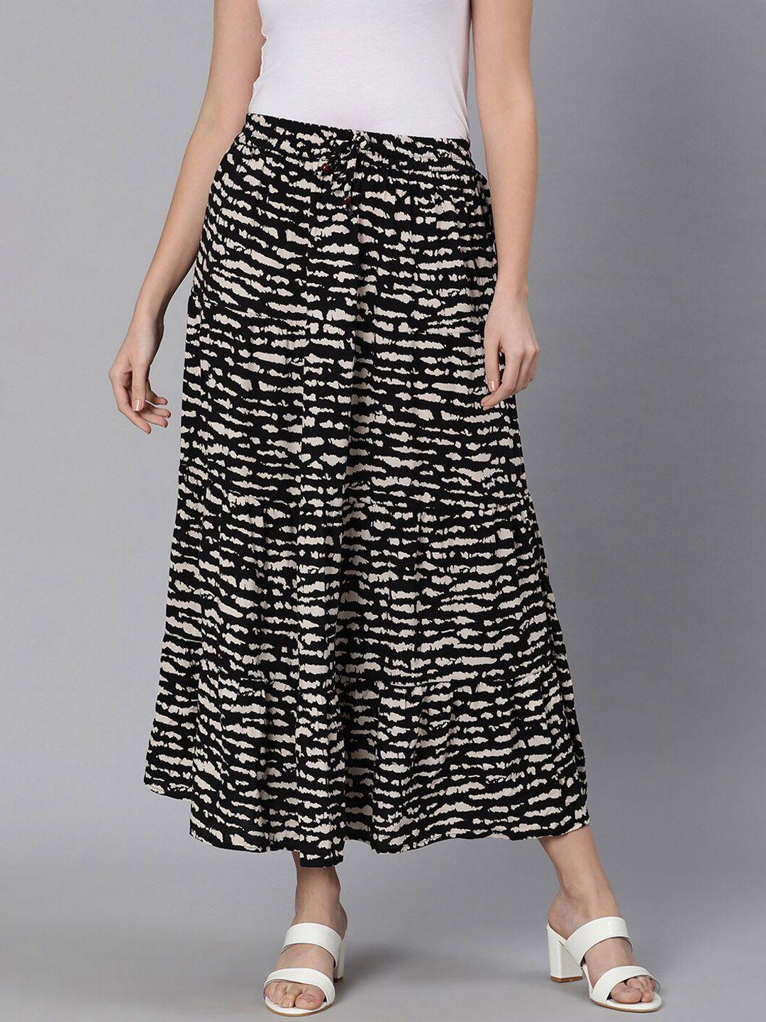 oxolloxo women black & white abstract printed maxi flared skirts