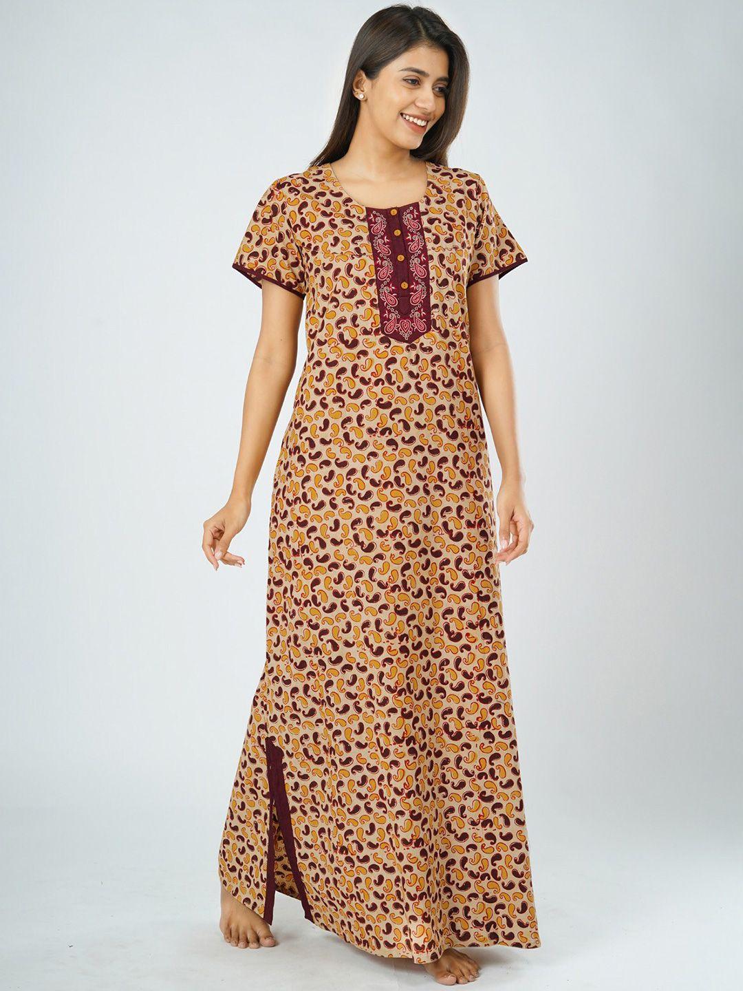 maybell women maroon printed maxi nightdress