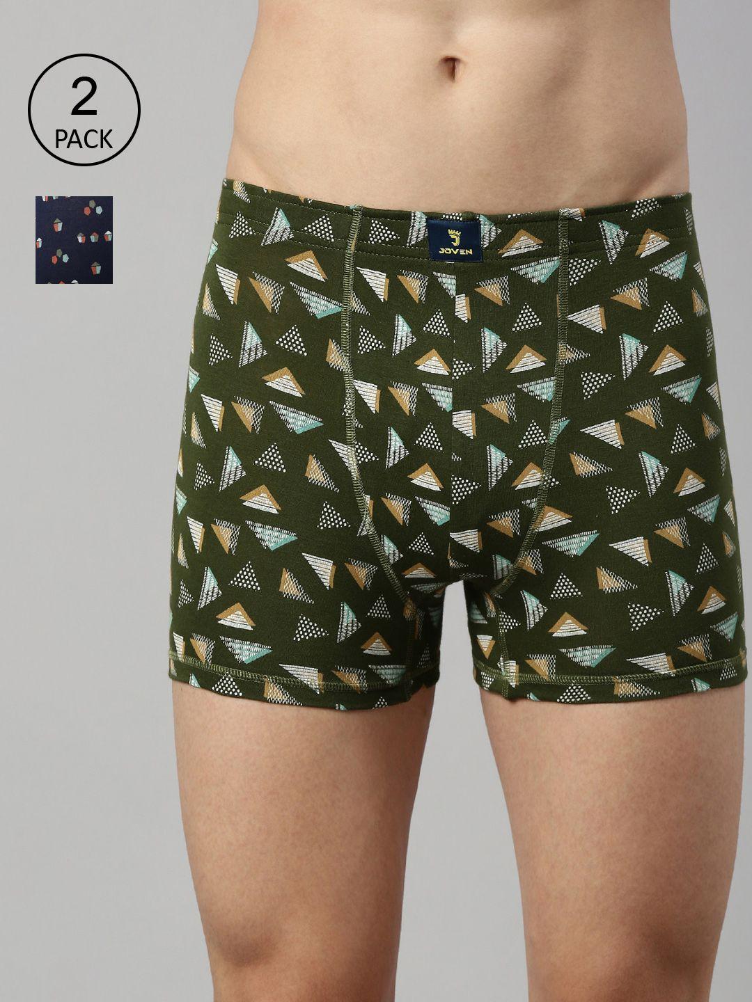 joven men olive green & navy blue pack of 2 printed cotton trunks  2taop-c4