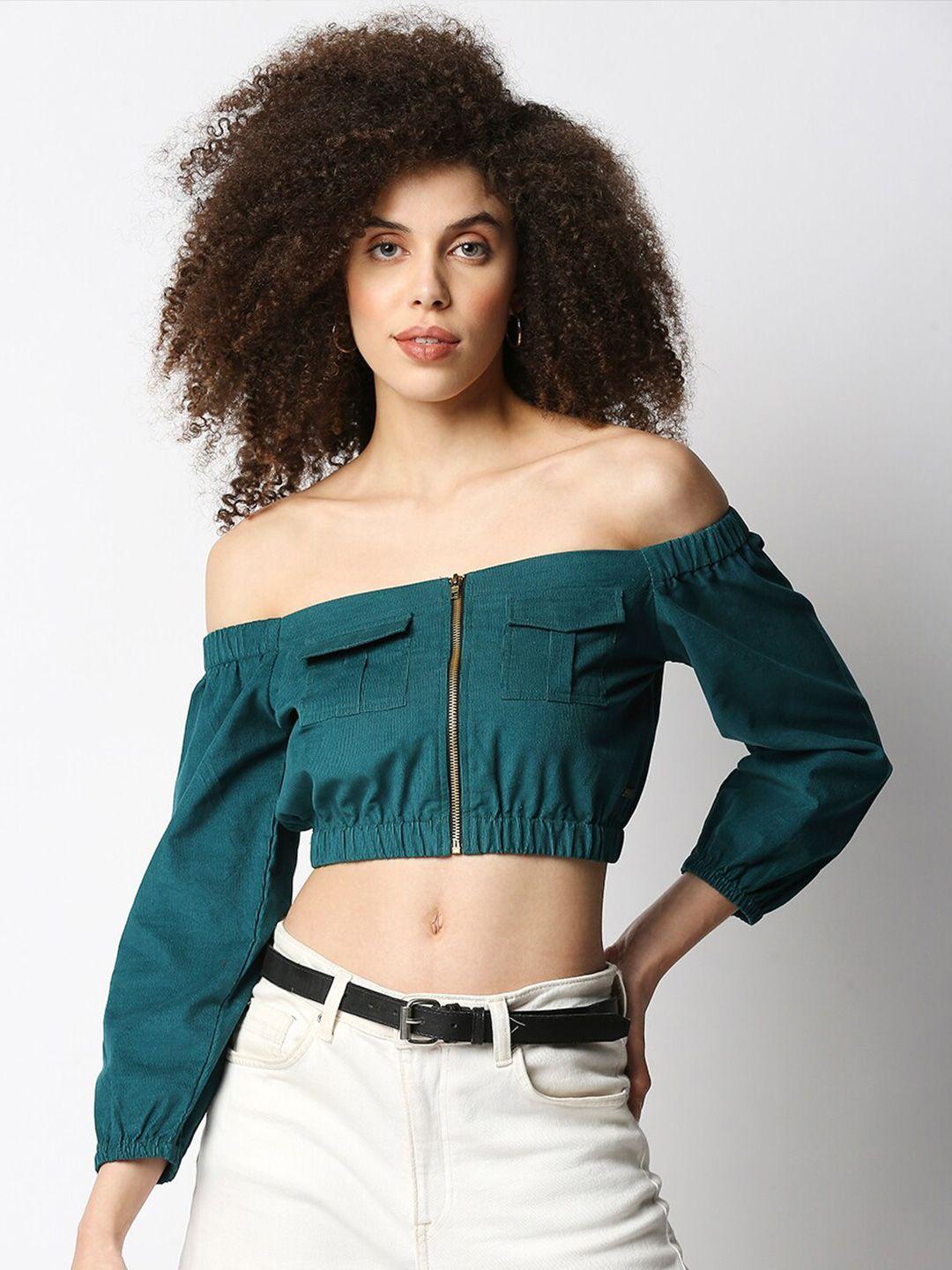 disrupt green off-shoulder bardot crop top