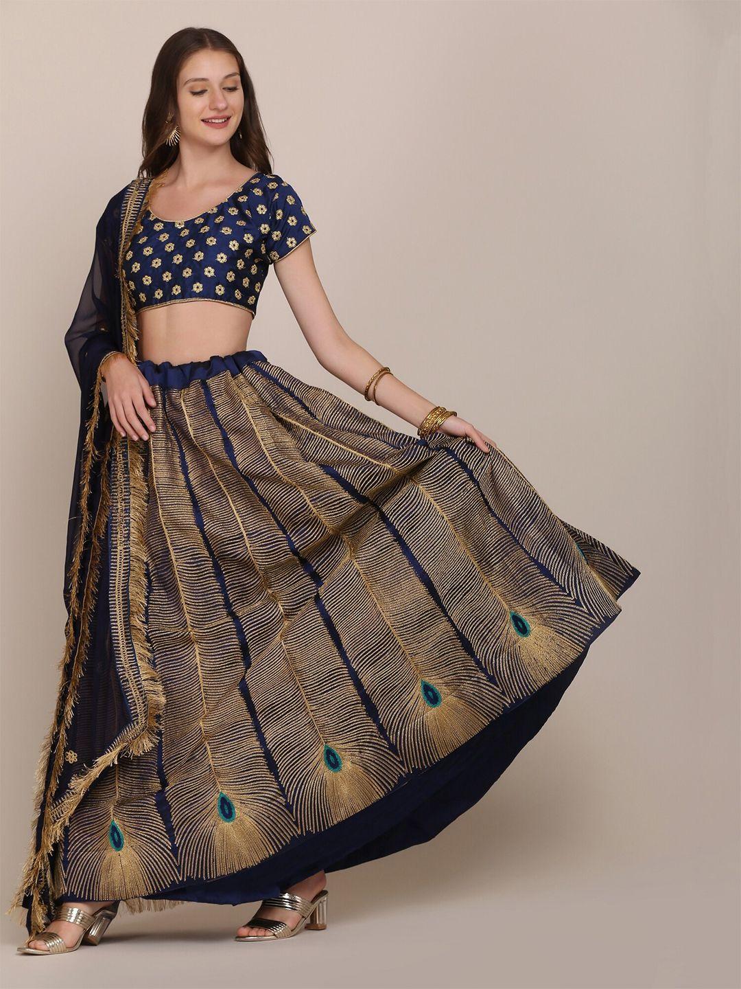 warthy ent navy blue  embroidered thread work block print semi-stitched lehenga