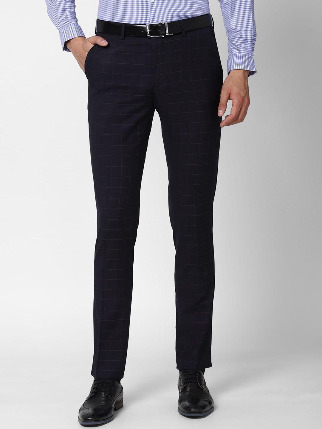 peter england elite men navy blue checked slim fit trousers