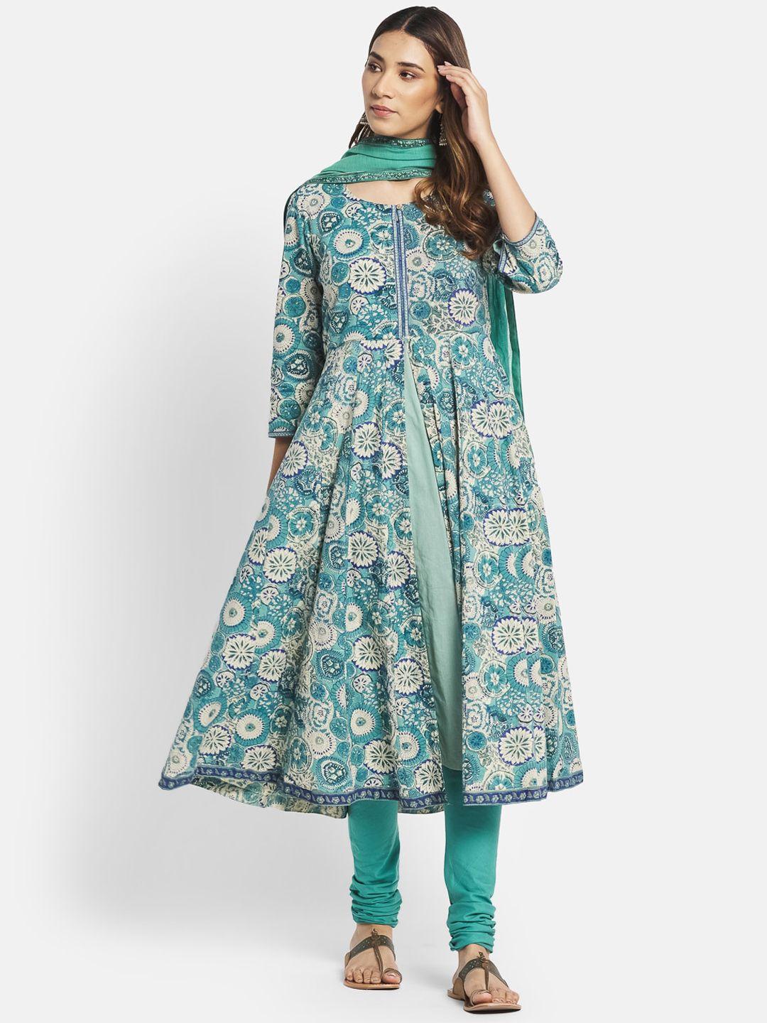 fabindia women blue & cream floral printed pure cotton kurta with churidar & with dupatta