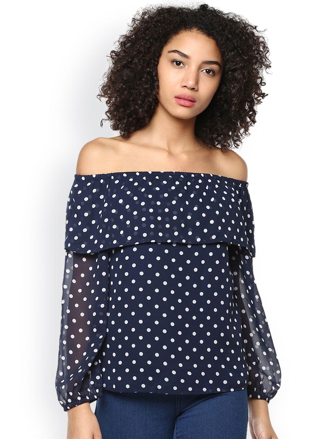 harpa navy & white polka dot print semi-sheer bardot top