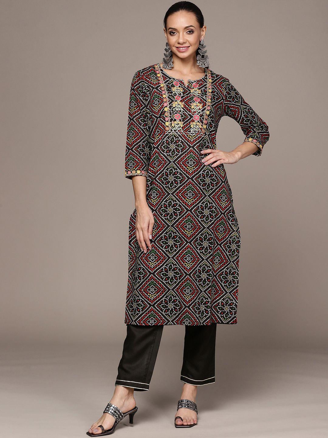 anubhutee women black bandhani printed pure cotton kurta with trousers