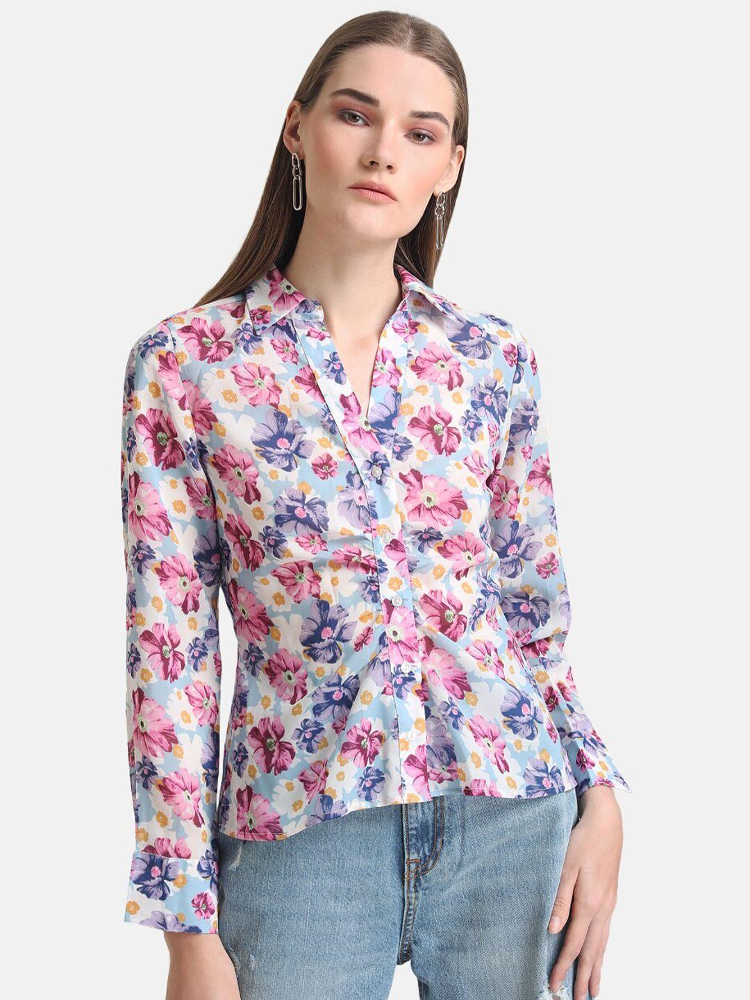 kazo women white floral semi sheer printed casual shirt