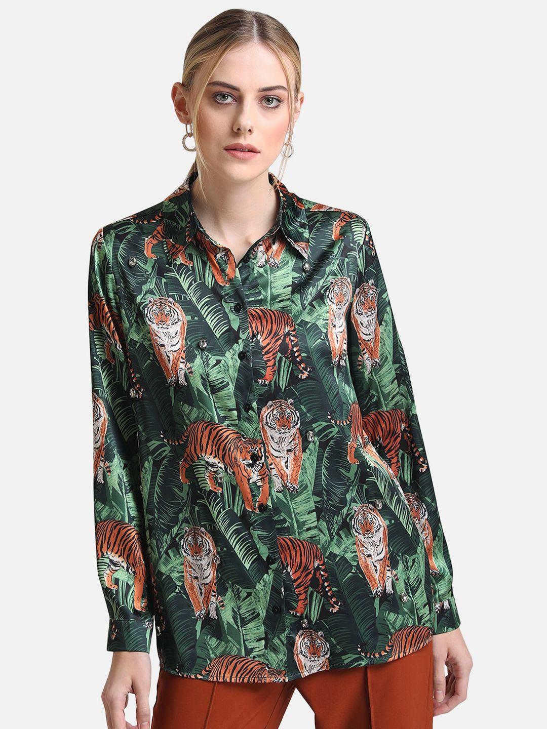 kazo women green boxy animal printed casual shirt