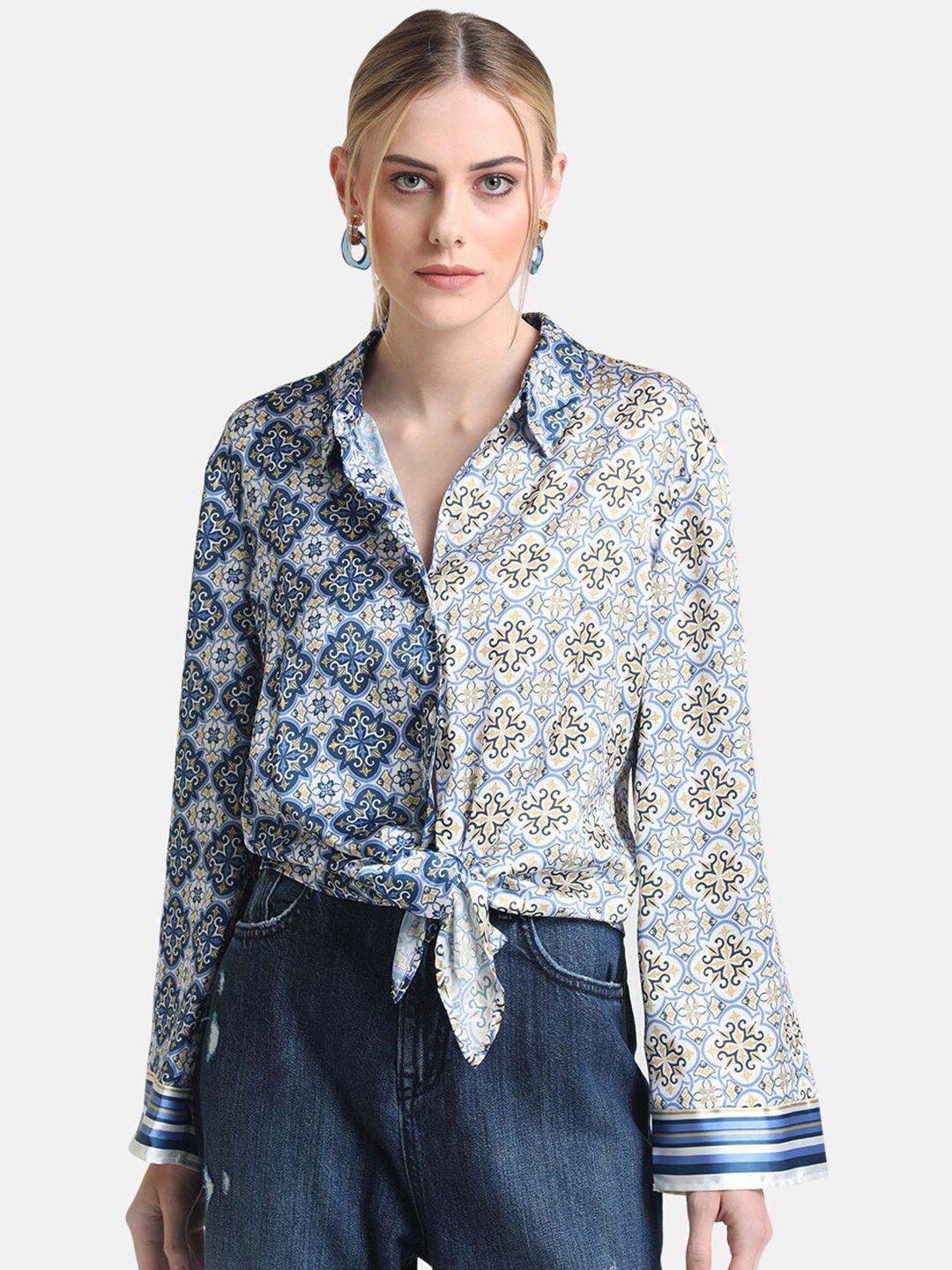 kazo women blue printed casual shirt