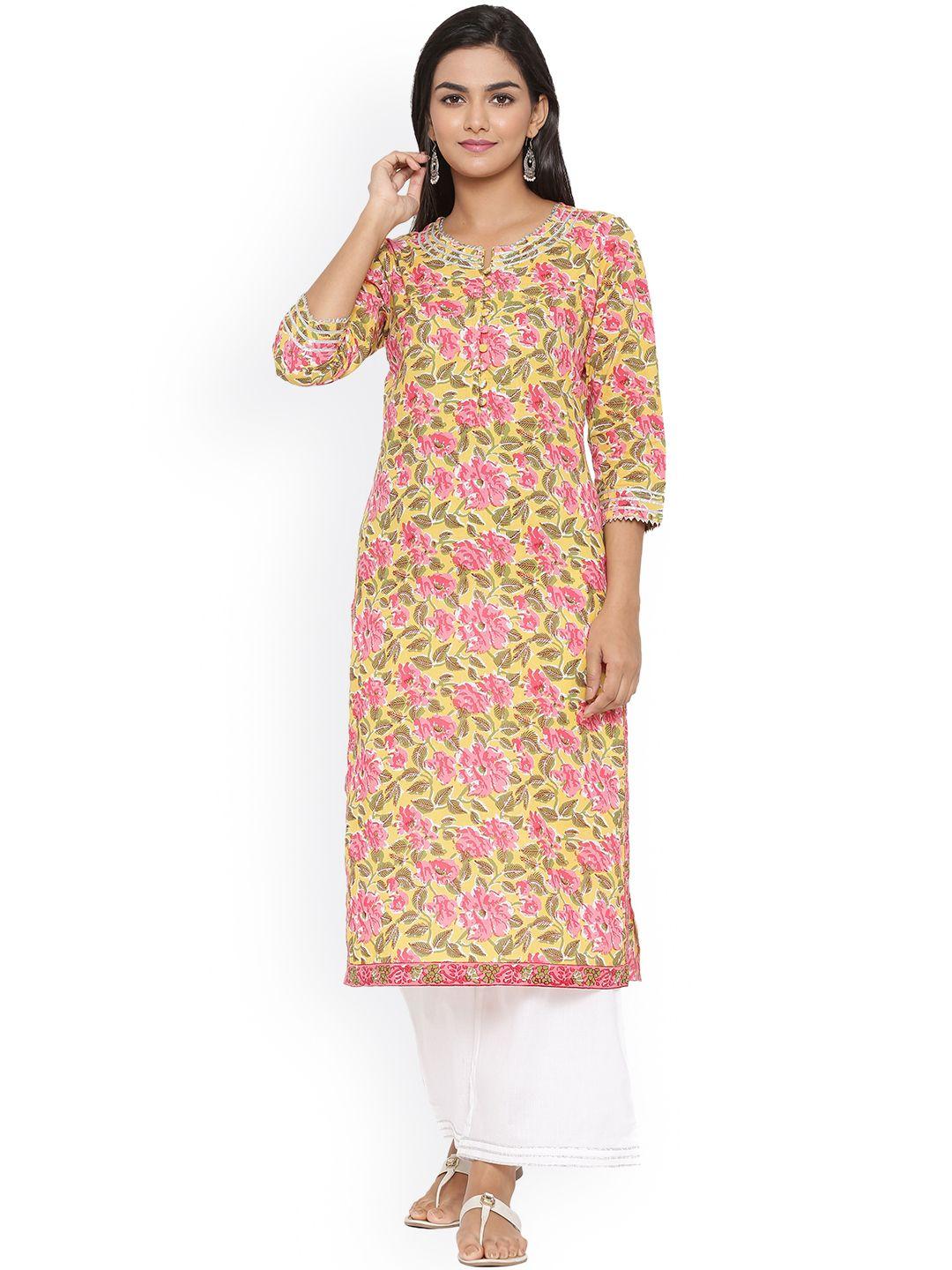 mirari women yellow & pink floral printed floral kurta