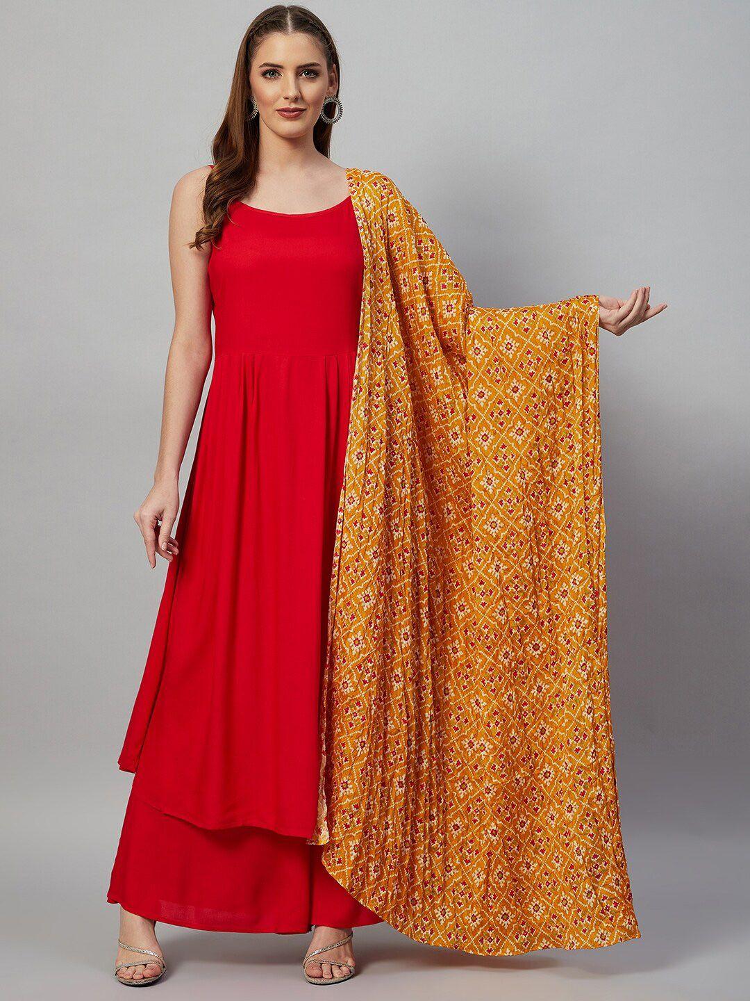 inweave mustard & red printed silk blend dupatta