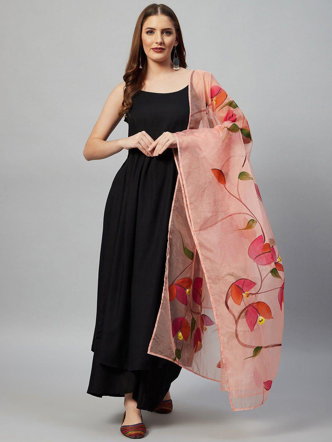 inweave peach-coloured & green printed organza dupatta