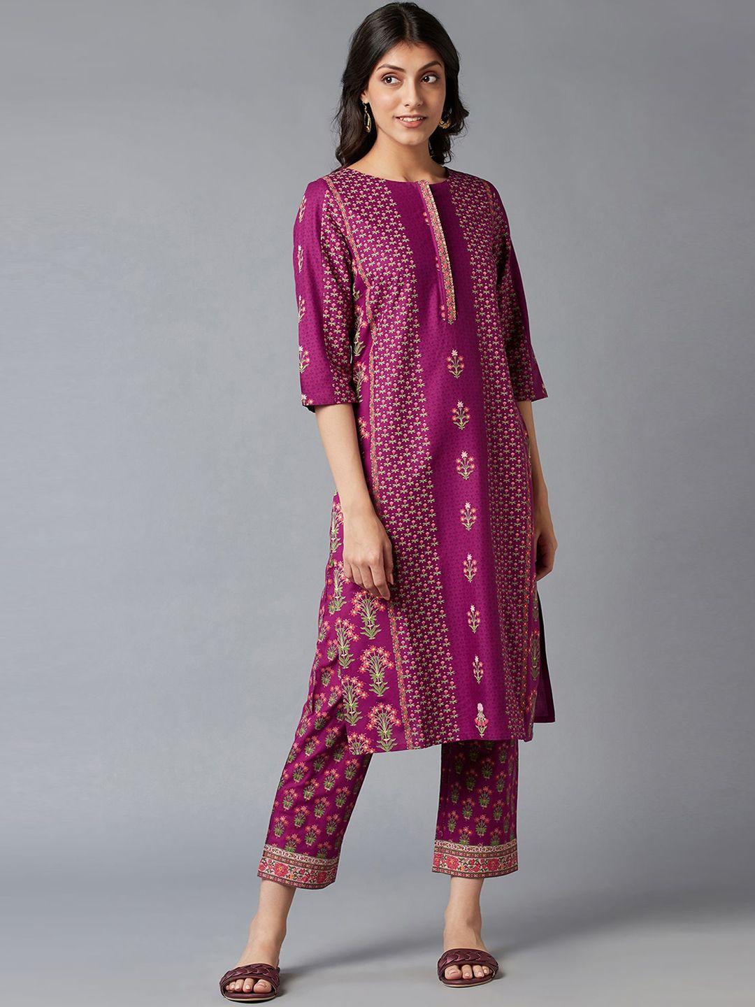 w women purple geometric printed thread work kurta