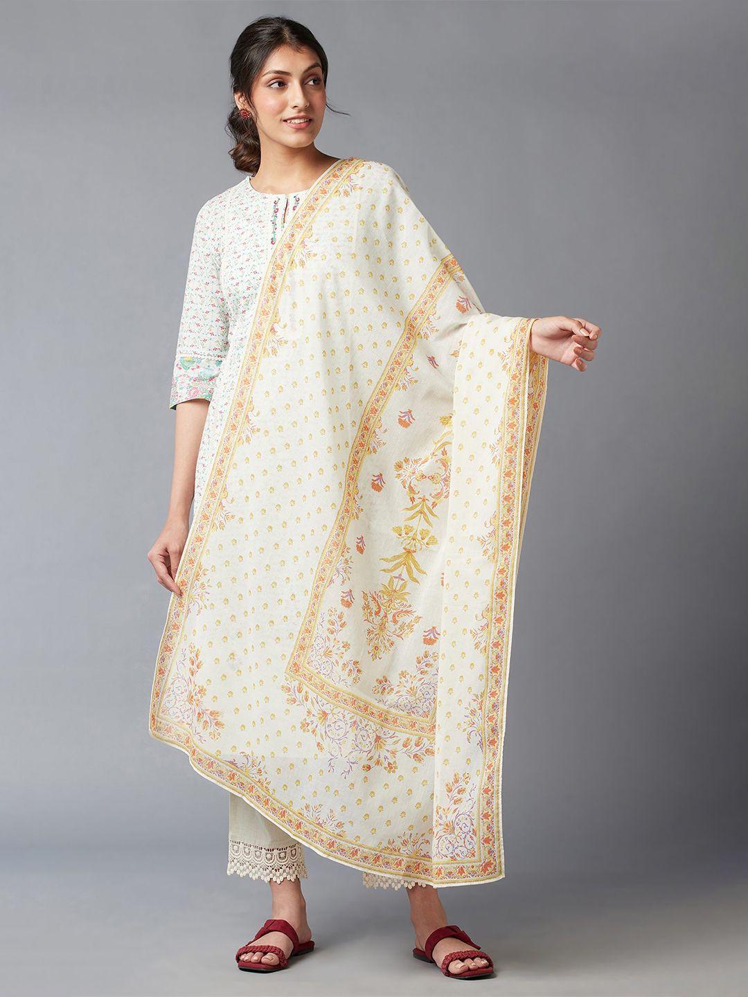 w white & yellow printed pure cotton dupatta