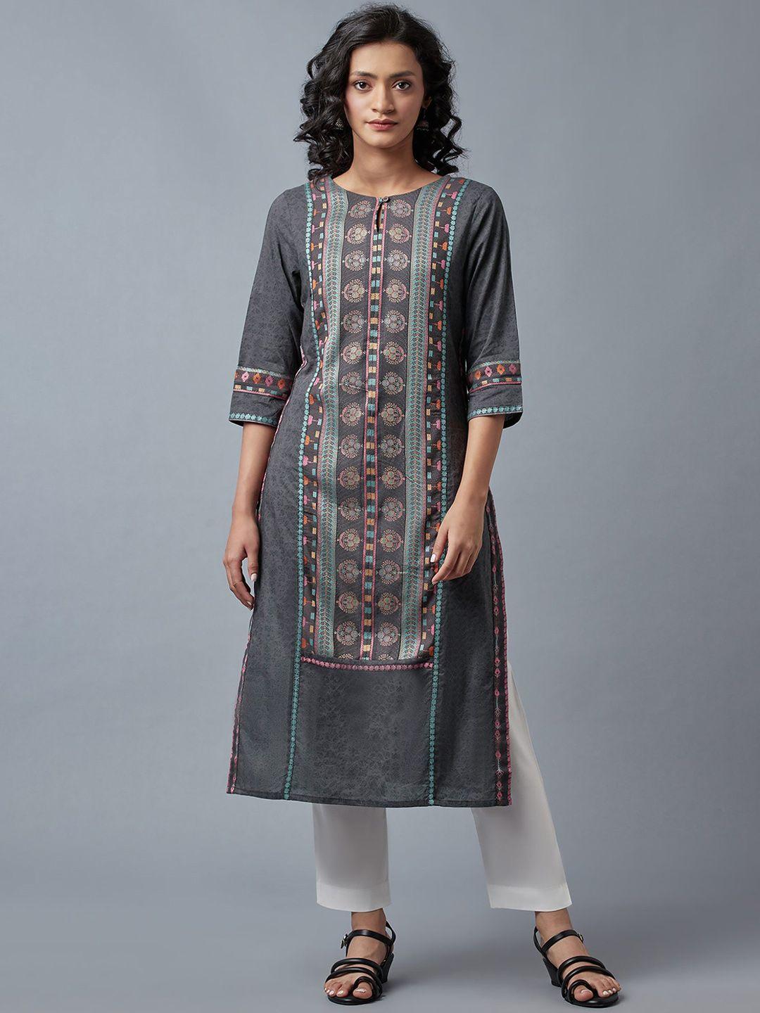 w women grey geometric printed kurta