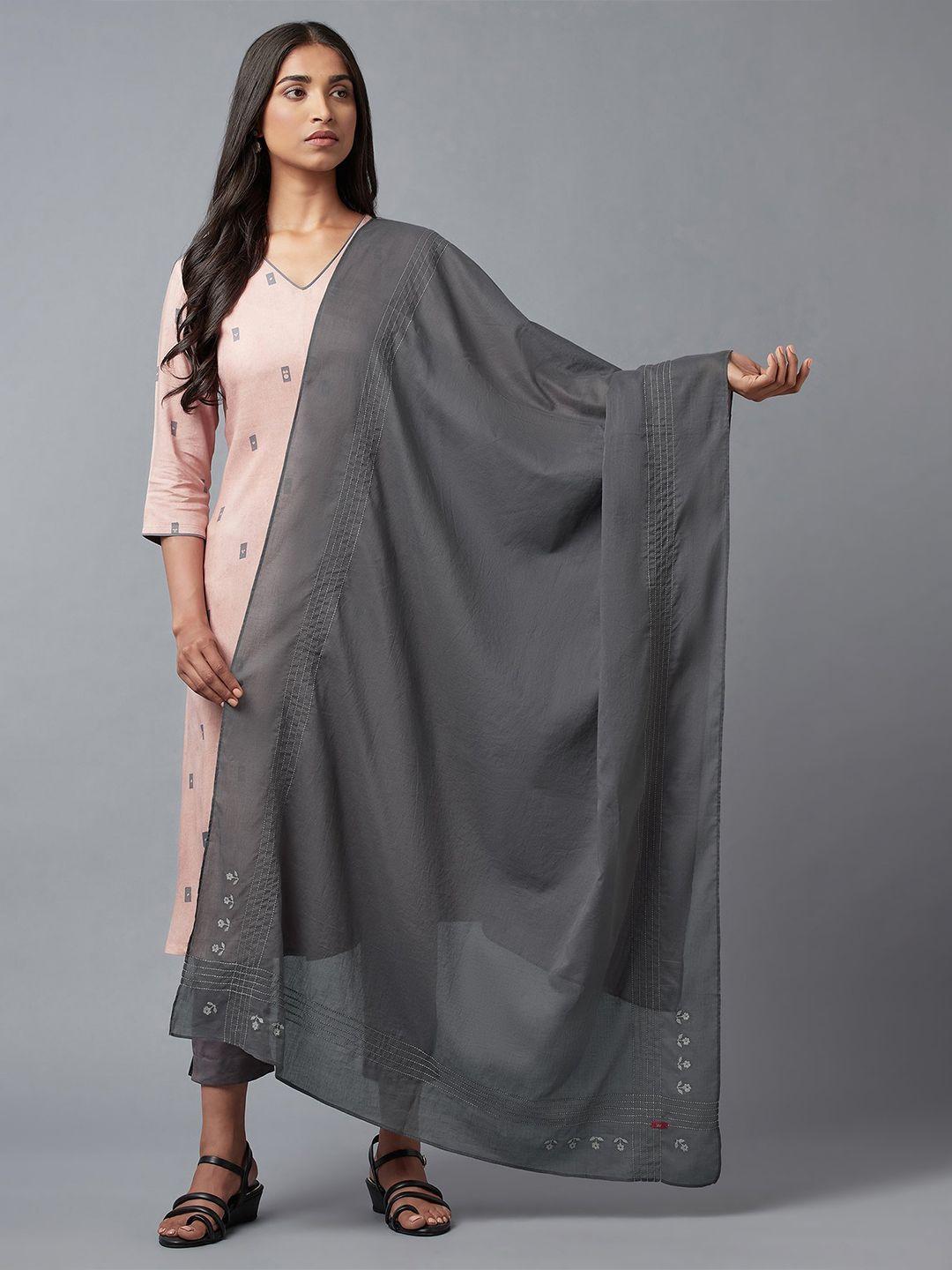 w grey & white pure cotton dupatta with thread work