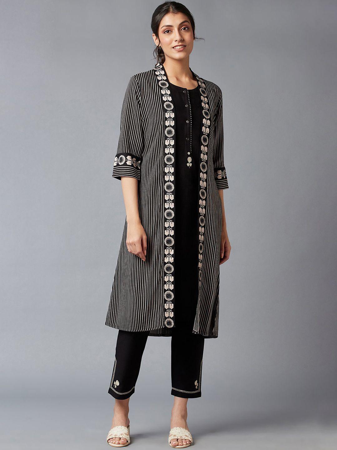 w women black & white printed layered kurta with trousers