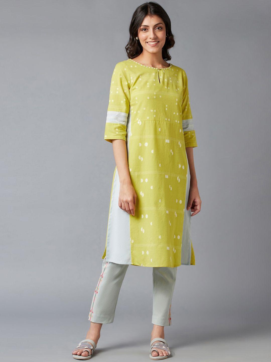 w women yellow geometric embroidered keyhole neck thread work kurta