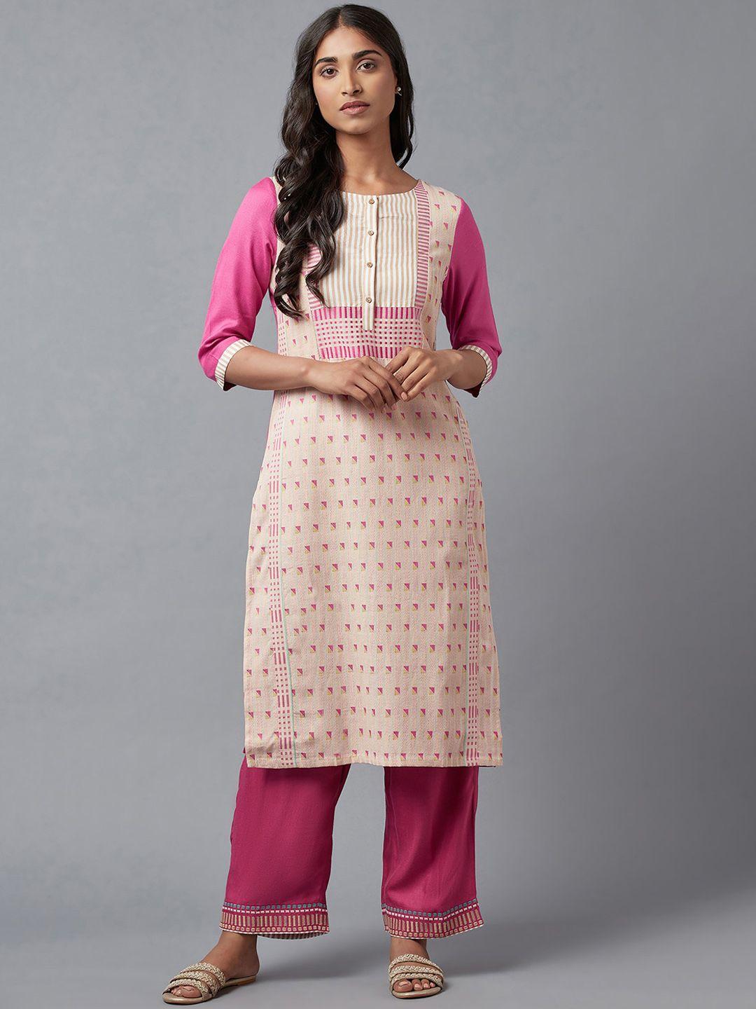 w women pink geometric printed keyhole neck kurta