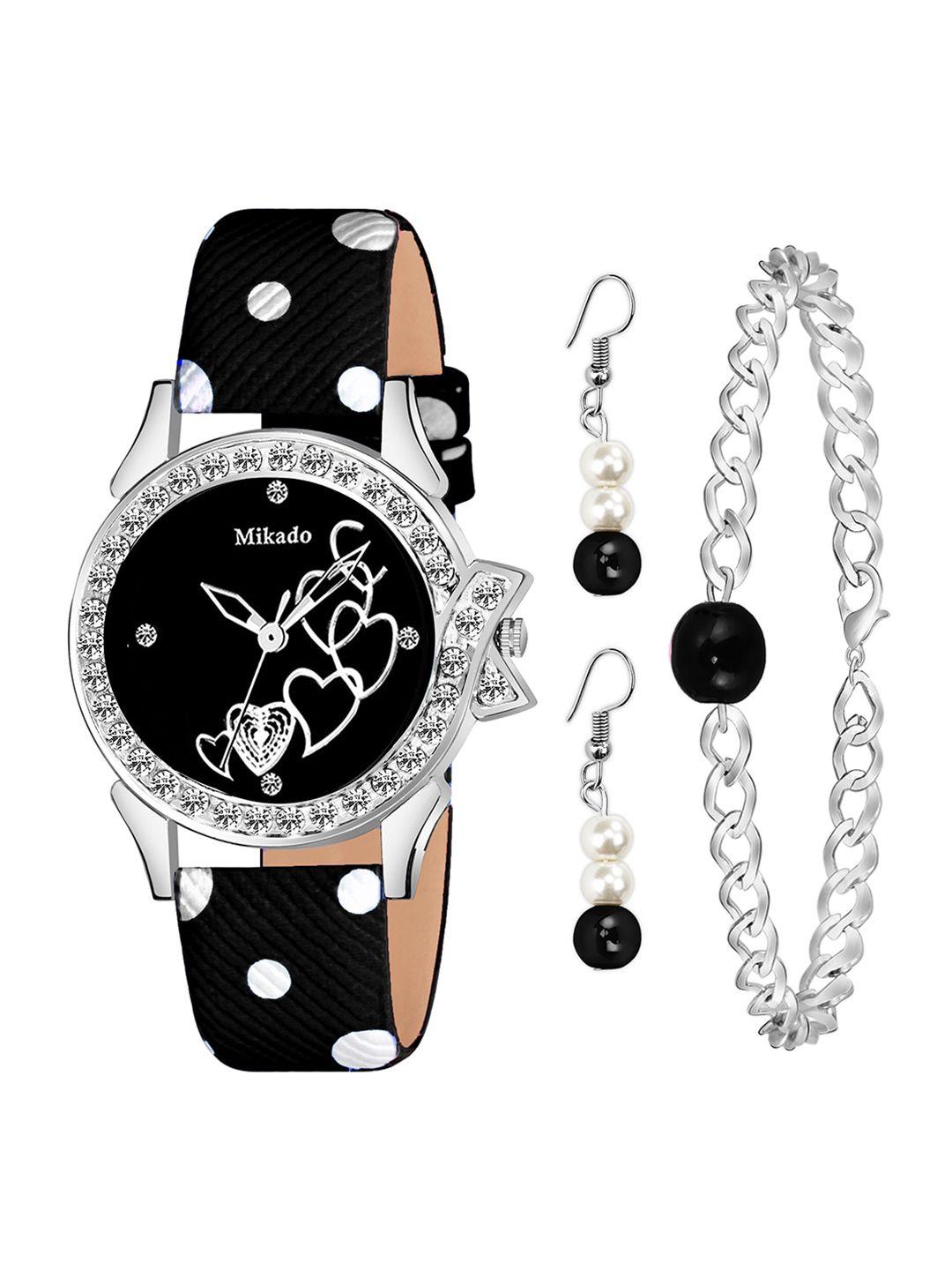 mikado women black brass embellished dial & black leather bracelet style straps analogue watch