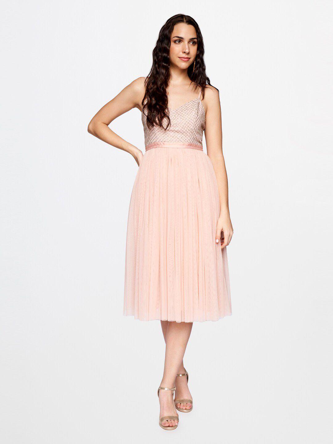 and peach-coloured midi dress