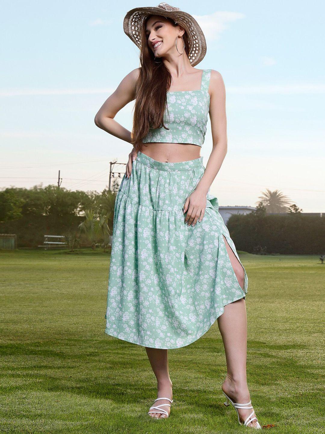 sera sea green floral print cropped top & skirt