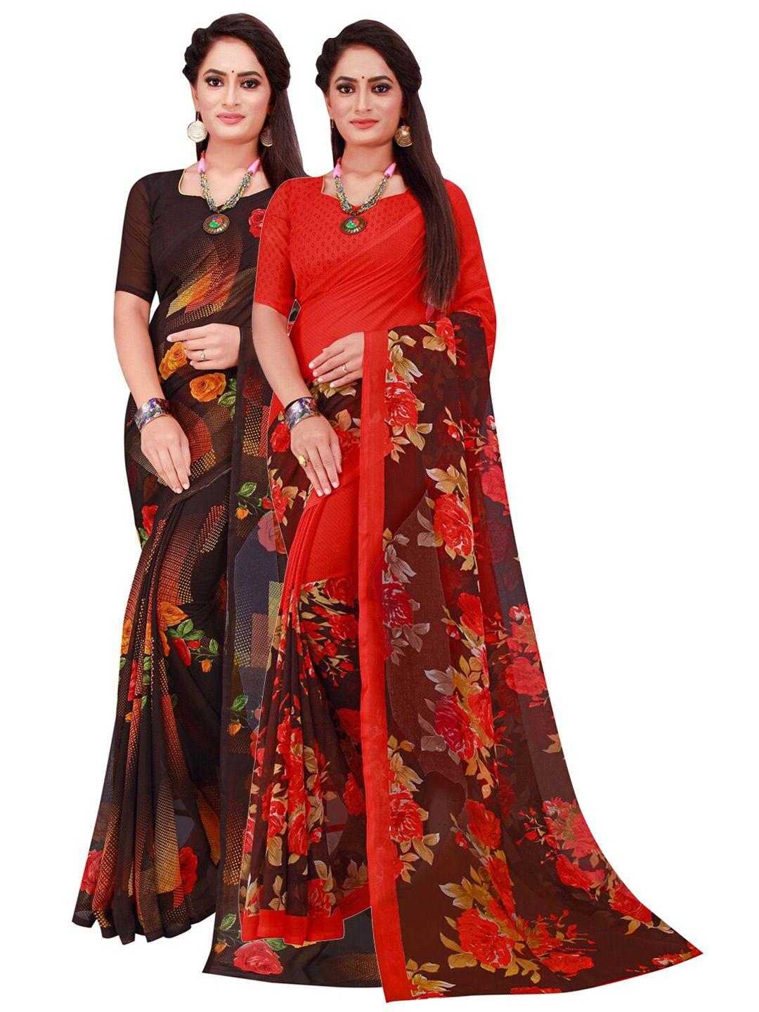 saadhvi black & red geometric pack of 2  pure georgette saree