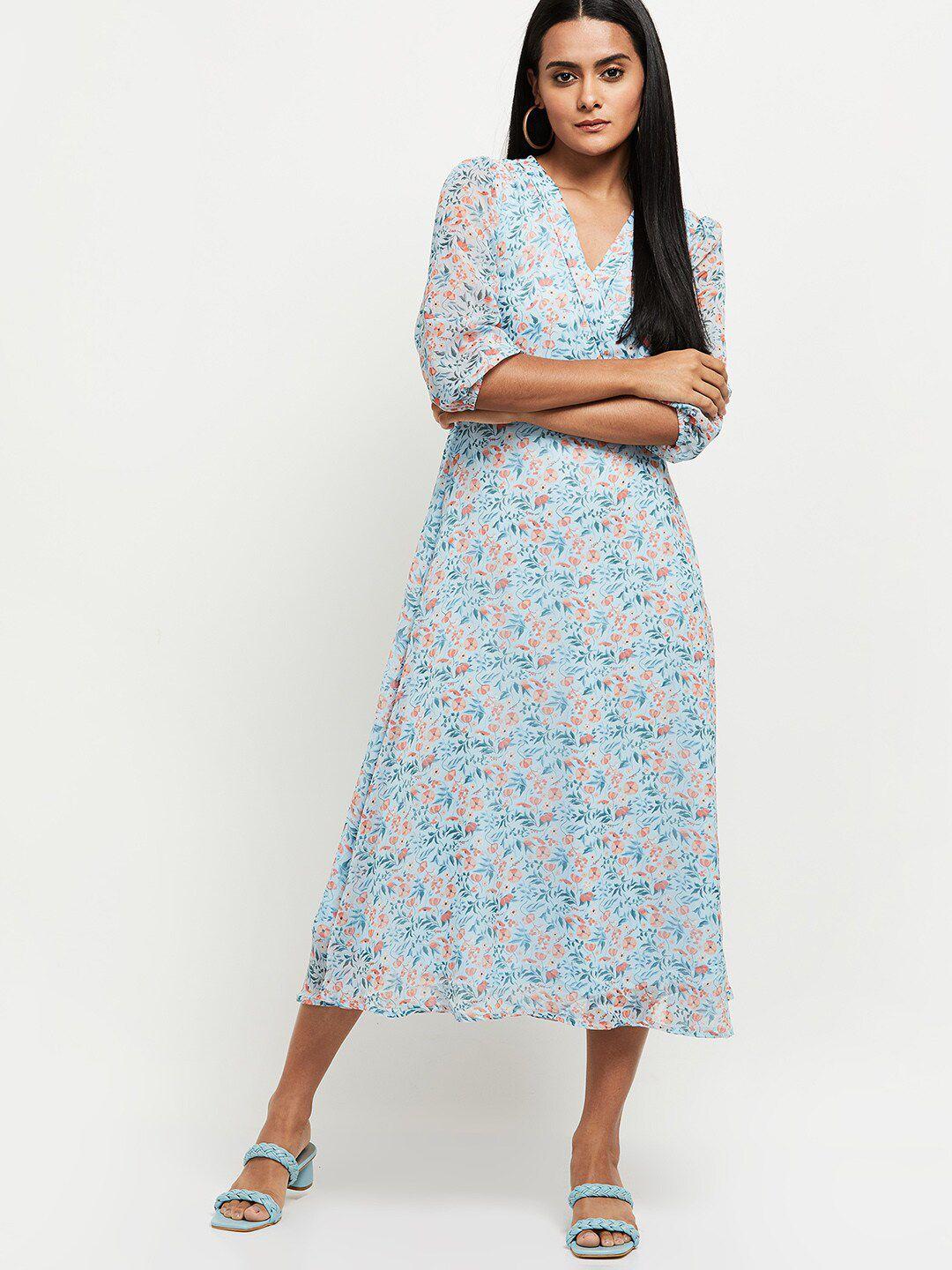 max blue floral a-line midi dress