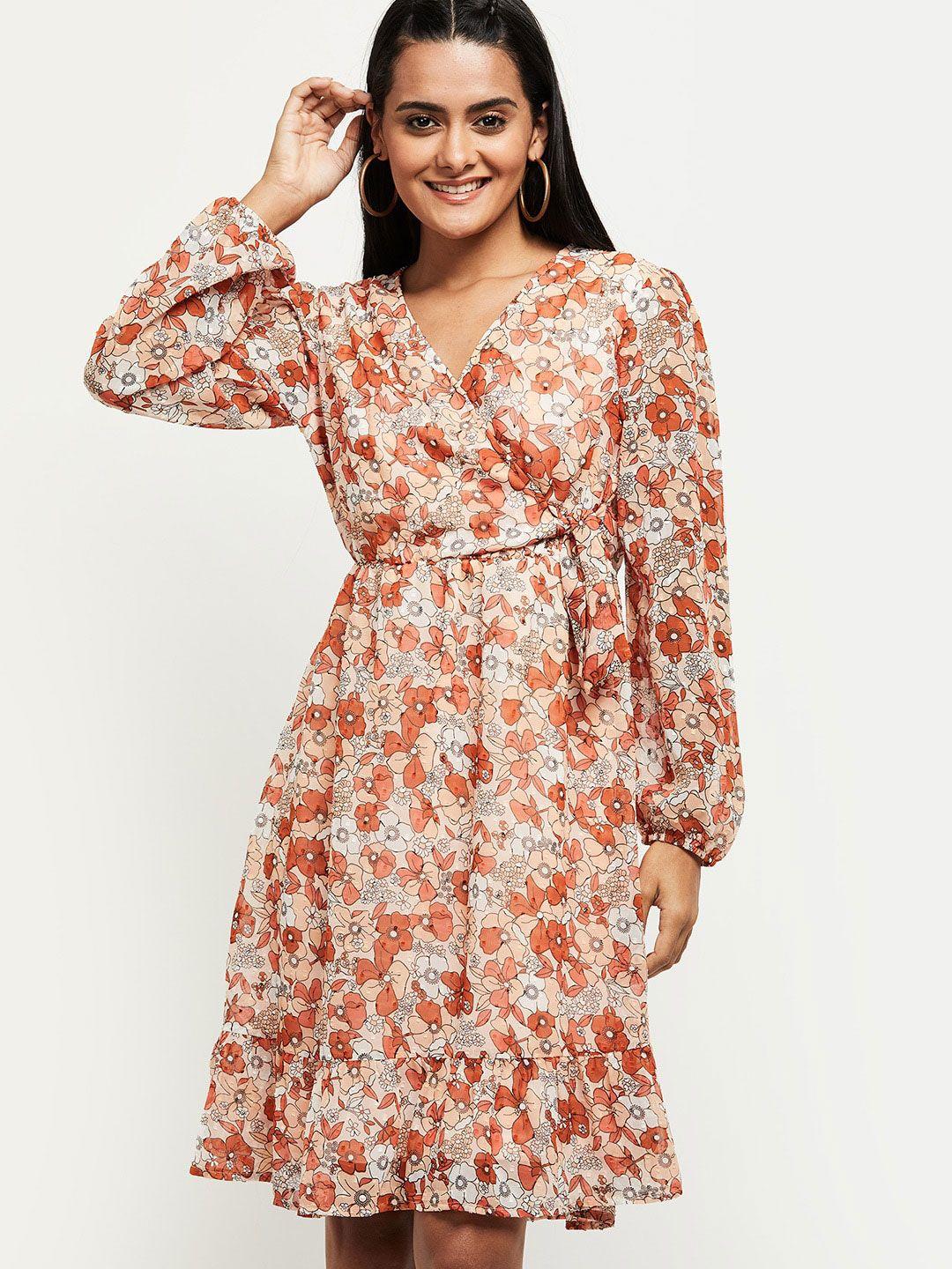 max cream-coloured & rust floral wrap dress